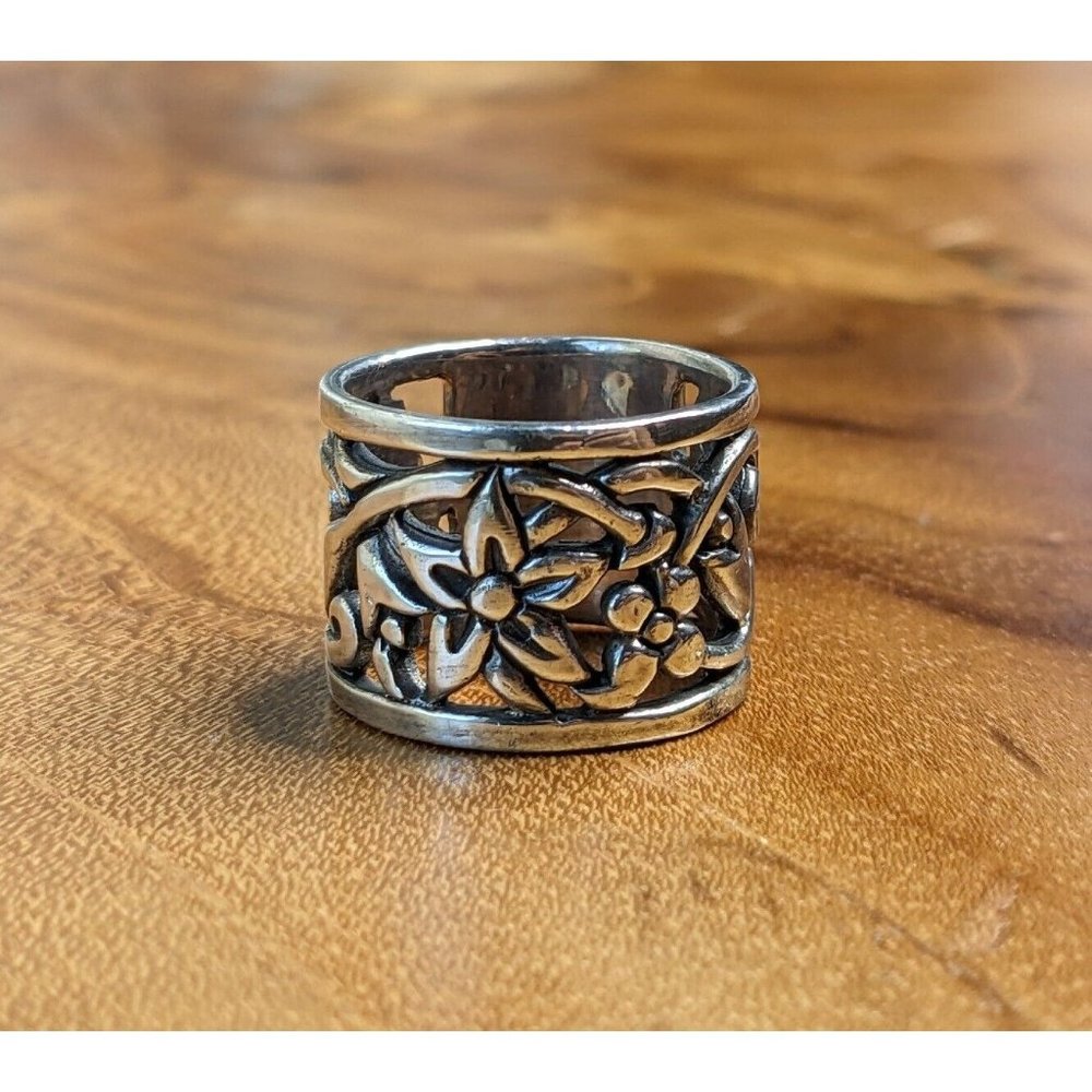STERLING SILVER  Wide Band Ring Size 5 Handmade Boho Flower Jewelry